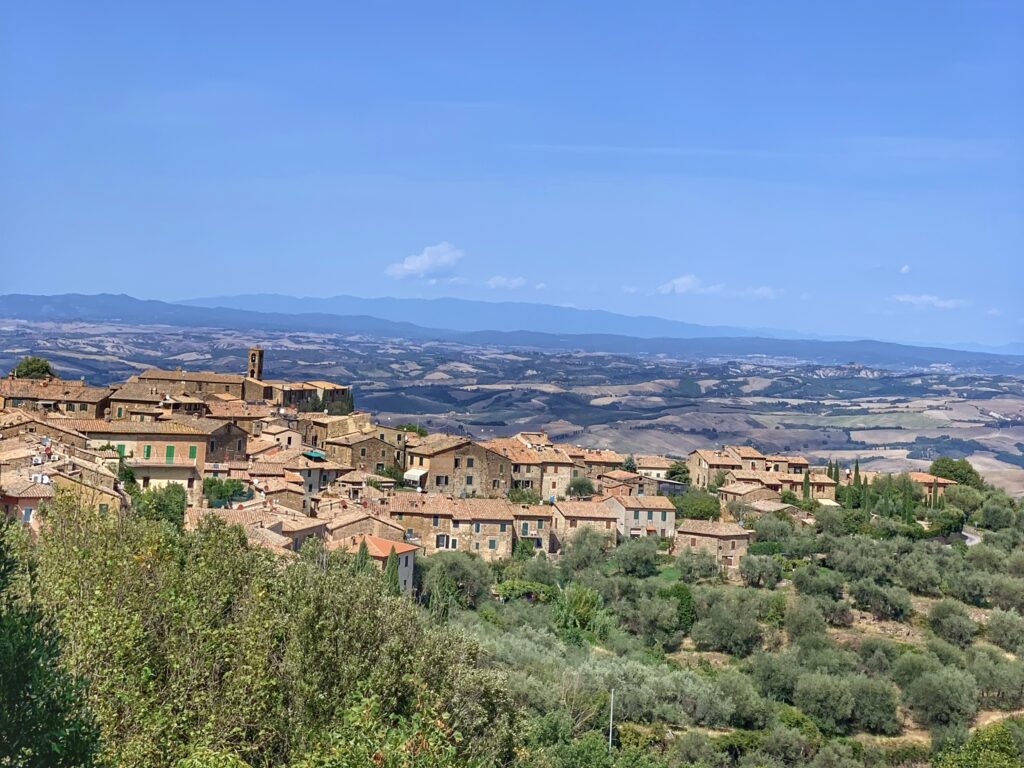 Scenic view of Montalcino vineyards seen through the van window on the return drive to Florence during a wine tour from Florence