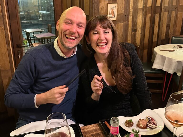 Gabriele and Lucia from Tuscany Uncorked enjoying a wine tasting in Florence at a local place they love