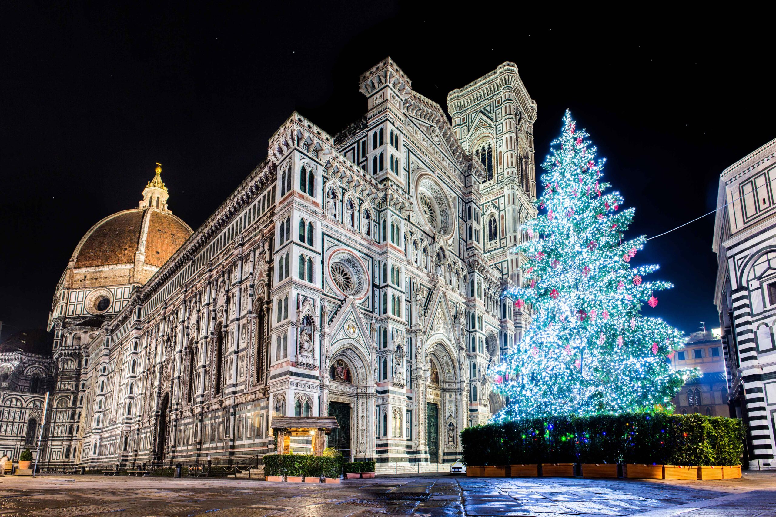 Florence’s Piazza del Duomo with the Christmas tree lit beside the Cathedral in December