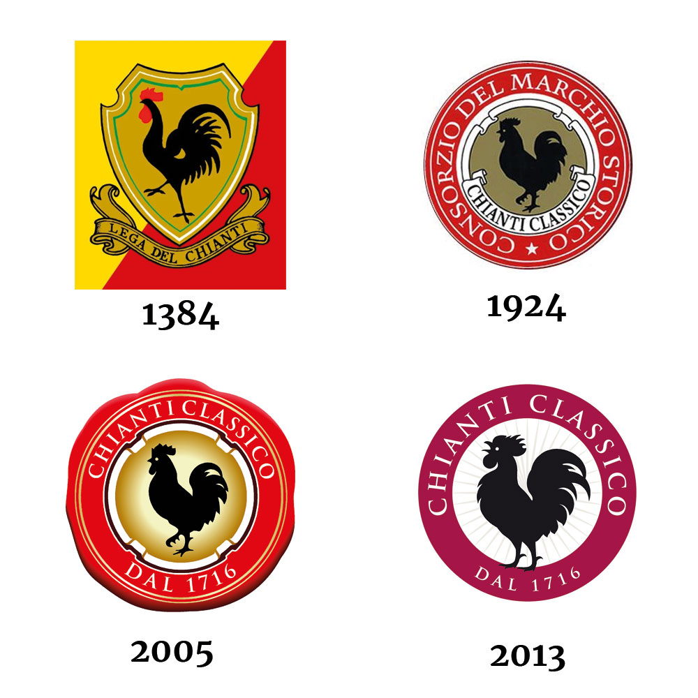 Evolution of the Chianti Black Rooster emblem: 1384 Lega del Chianti, 1924 Consorzio, 2005 seal, 2013 current logo. On Tuscany Uncorked wine tasting tours you have the opportunity to see it in person