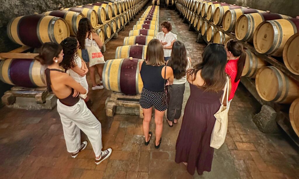 Small group visiting a barrel cellar during a guided Tuscany wine tour, showing how a proper winery visit takes time and offers more than just a quick tasting.
